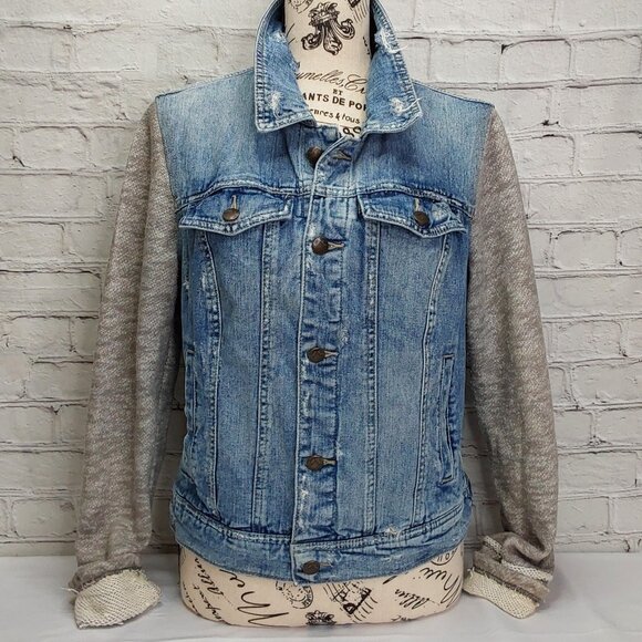 'FREE PEOPLE' DISTRESSED DENIM JACKET TEXTURE SLEEVE VINTAGE - Picture 1 of 16